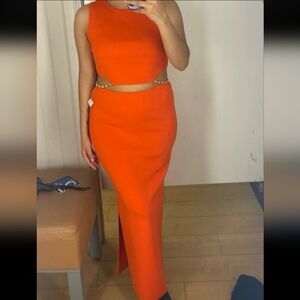 NWT 2 piece dress House of Harlow orange Rhinestone studded strap peekaboo L